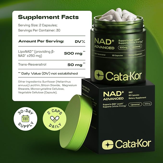 Cata-Kor NAD+ Advanced 500 mg  | Su fórmula combina NAD+ liposomal y resveratrol