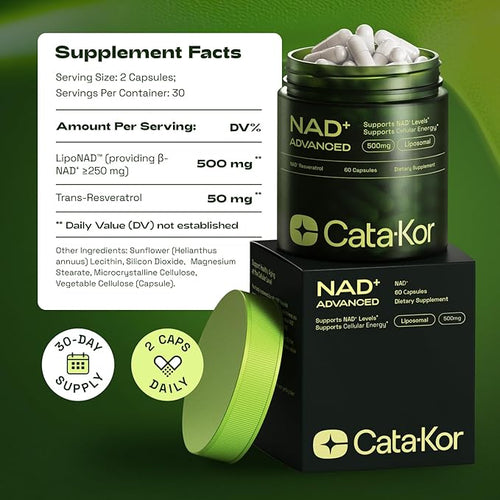Cata-Kor NAD+ Advanced 500 mg  | Su fórmula combina NAD+ liposomal y resveratrol
