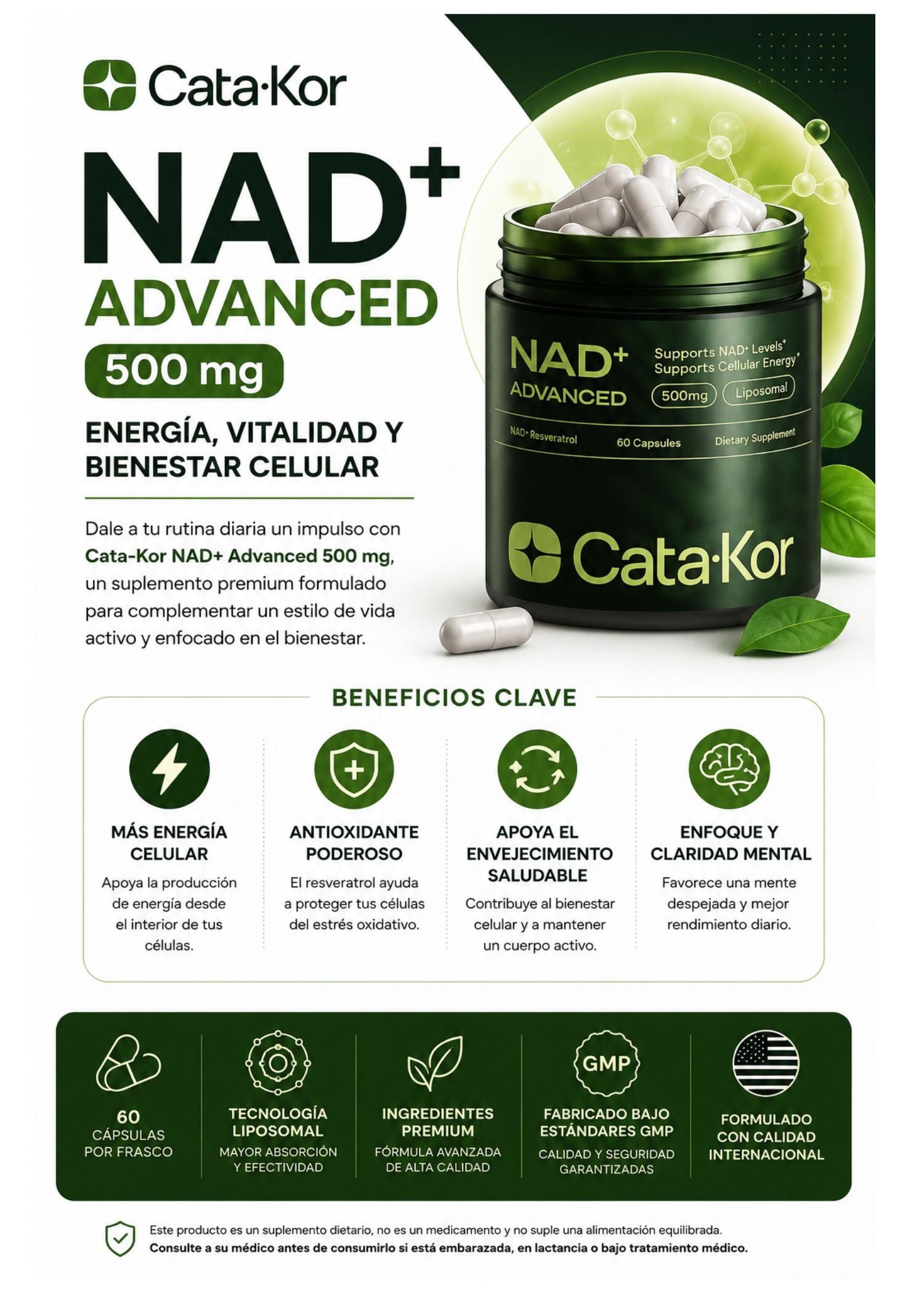 Cata-Kor NAD+ Advanced 500 mg  | Su fórmula combina NAD+ liposomal y resveratrol